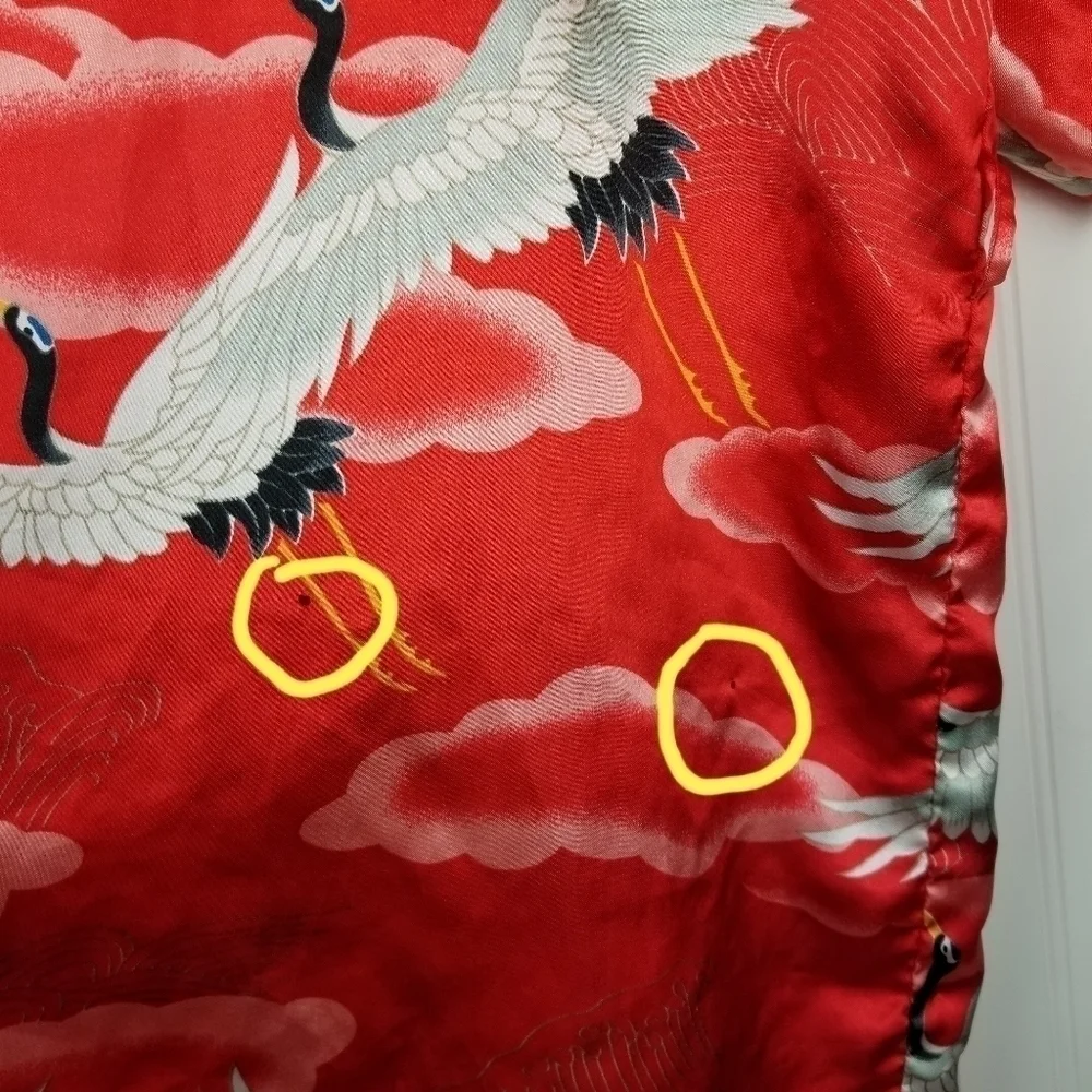 Vintage Kimono Robe Jacket Asian Bird Print Shiny Red White Clouds Missing Belt
